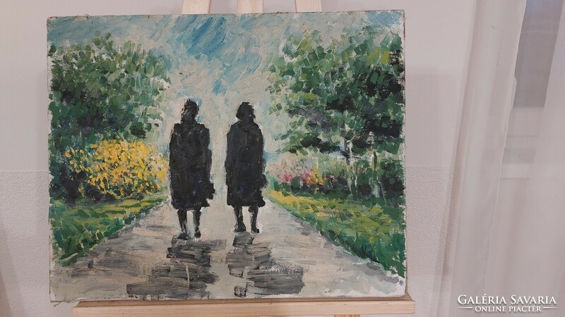 (K) Szép  festmény 53x43 cm  séta a parkban