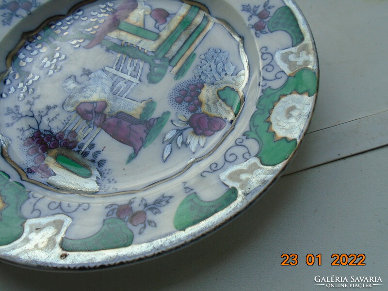 19.sz Boch Freres CANTON mintás kínaizáló tányér ezüst és arany színű gyöngyház mázzal