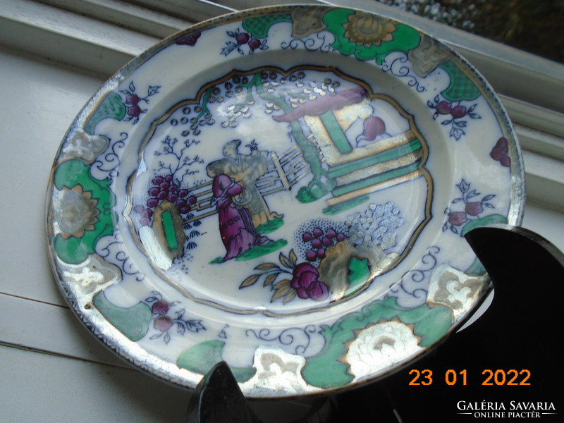 19.sz Boch Freres CANTON mintás kínaizáló tányér ezüst és arany színű gyöngyház mázzal