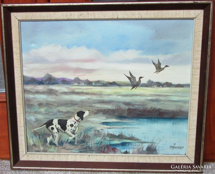 Per acered / sévéd / oil painting, hunting in the bog, 53.5 x 45 cm, 46.5 x 38.5 cm, carrier canvas.