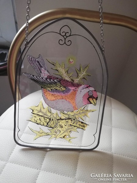 Glass picture of birds in a tin frame - wall decoration