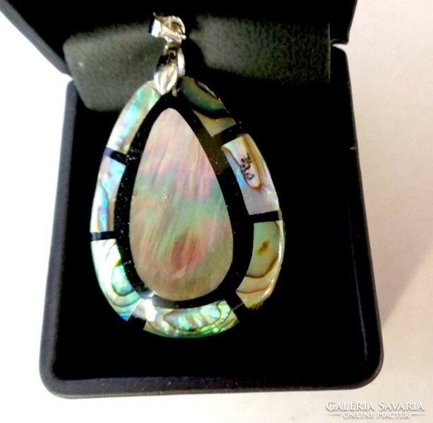 Large abalone inlaid mother-of-pearl pendant and chain