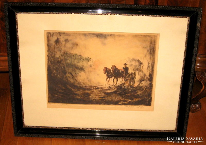 Béla Iványi Grünwald / 1867-1940 /: horse-drawn carriage, colored etching