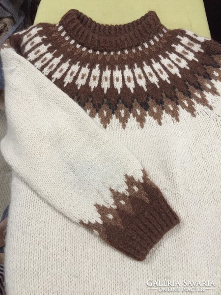 Norvég/Izlandi mintás, puha, meleg kézzel kötött unisex alpaka gyapjú pulóver M/L méretre