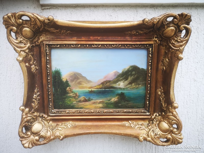 Beautiful landscape painting in blonde frame. M. L. Monogram