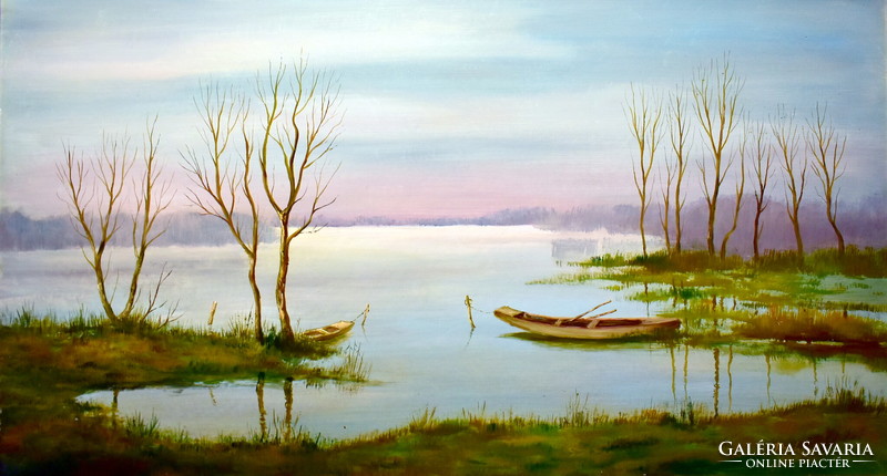 István Reinhardt (1936) lakeside landscape with a boat