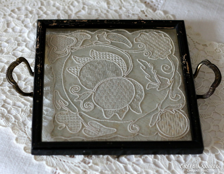 Rare! Persian azure lace insert, antique glass tray, beautiful Persian azure needlework