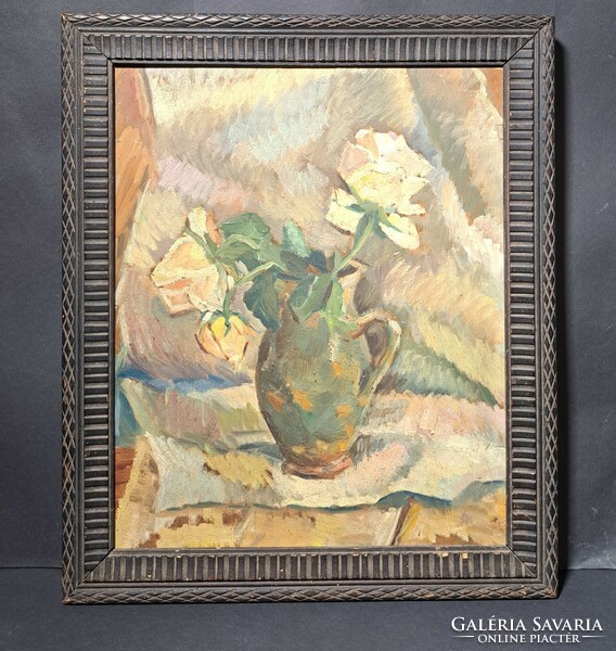 Virágcsendélet, olaj fa, hátulján csendélet citrusokkal (méret kerettel 38x45 cm) kétoldalas