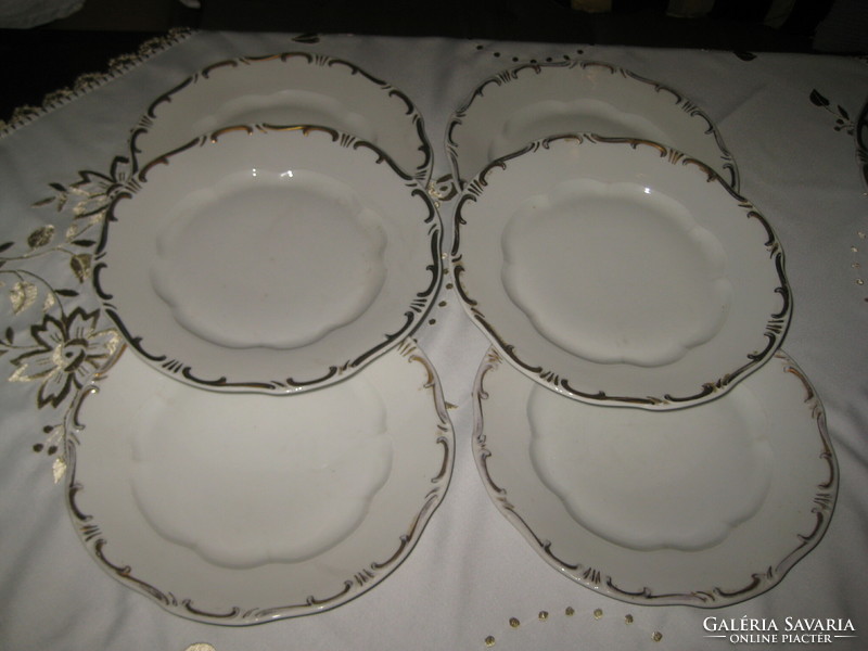 Zsolnay, broadly gold feathered, set of six flat plates, nice condition