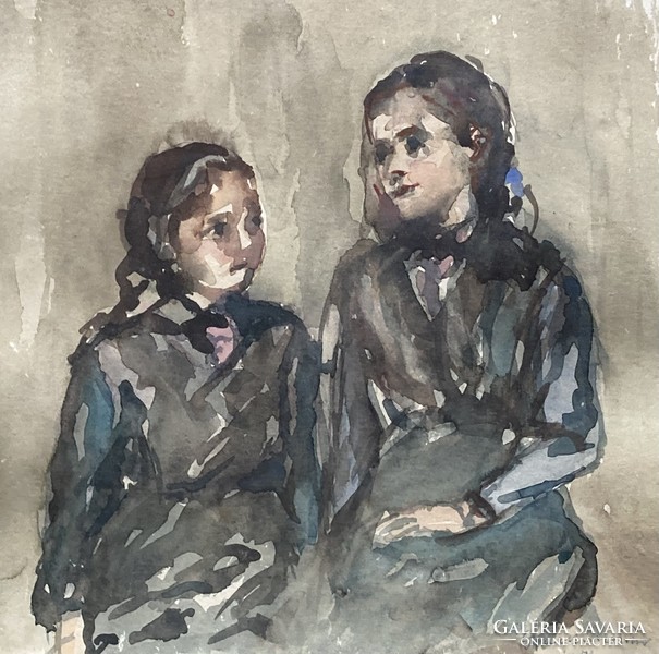 Tibor Gyurkovics-girls in dark clothes-watercolor /from 1954/