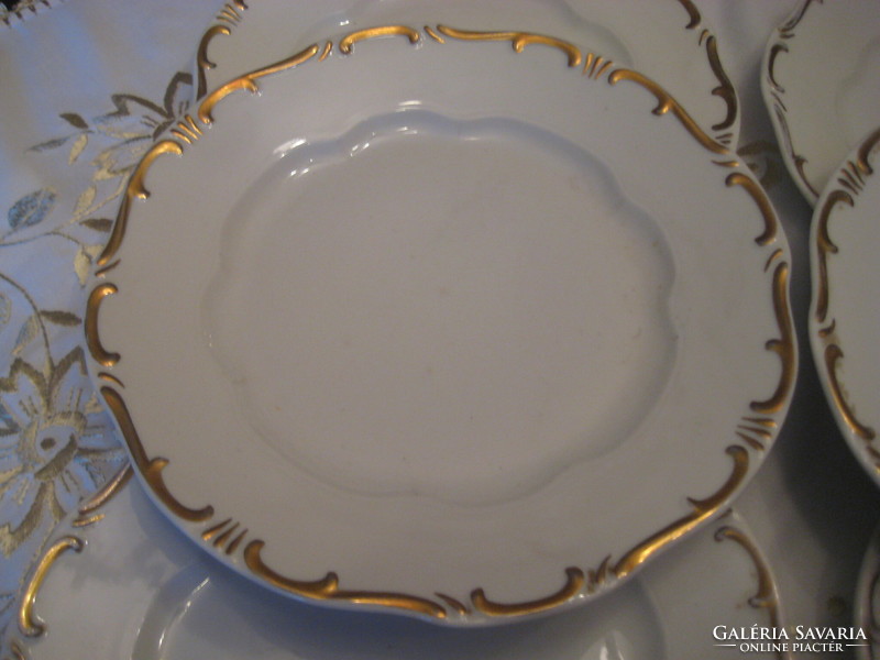 Zsolnay, broadly gold feathered, set of six flat plates, nice condition