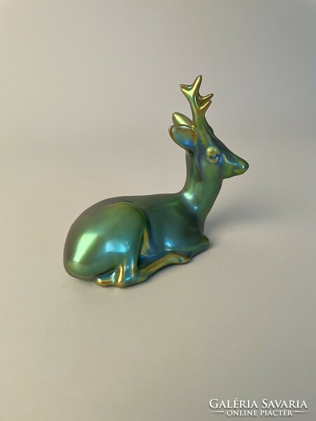 Zsolnay porcelain eosine figure, reclining deer