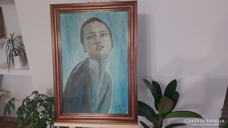 (K) young lady painting with a 50x70 cm frame