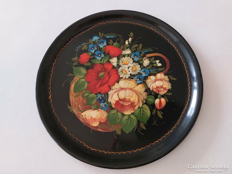 Old painted metal tray with flowers
