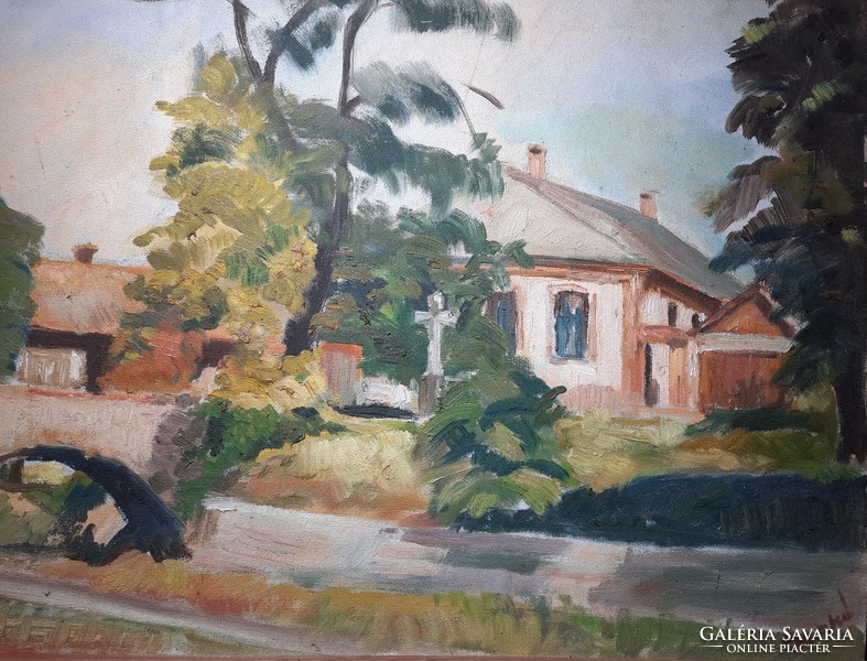 With Jankó sign: Balaton monument (rural cottage, landscape with a stream), olive grove