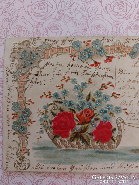 Régi képeslap dombornyomott levelezőlap selyem rátéttel nefelejcs rózsa hattyú