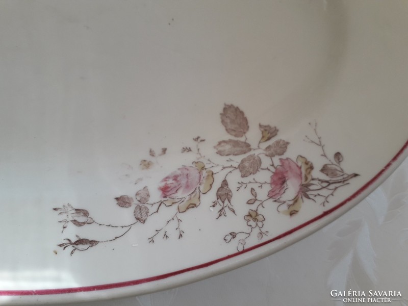 Régi virágos vastagfalú porcelán pecsenyés tál rózsás népi komatál