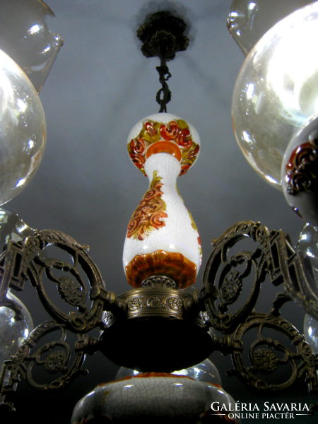 Copper majolica chandelier with a frilled glass shade