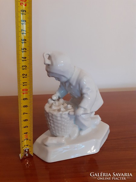 Old zsolnay white porcelain flower collecting boy sculpture plan shot