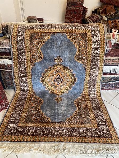 Hand-knotted turquoise silk carpet 125x190