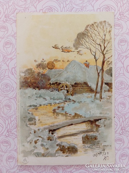 Old postcard 1899 postcard watermill snowy landscape golden sun motif