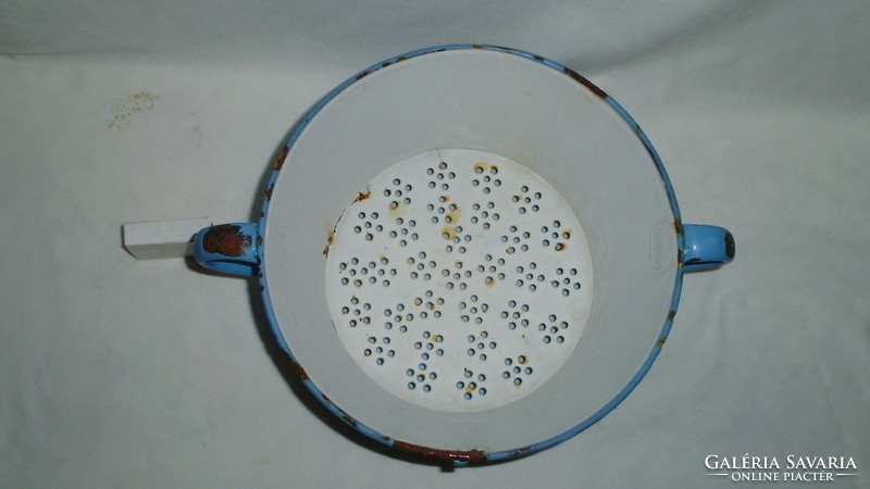 Old, pale blue enamel, filter bowl with handles - folk, peasant decoration