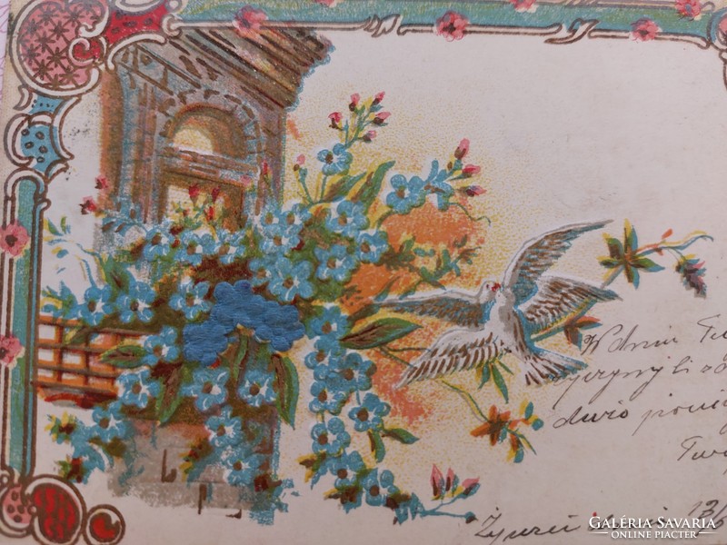 Régi képeslap 1905 dombornyomott levelezőlap selyem rátéttel nefelejcs galambok