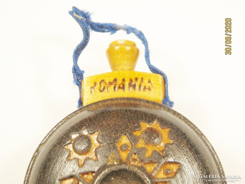 Old retro wooden decorative water bottle - Romania tourist memory souvenir - carved ornament