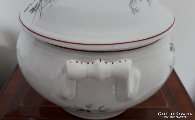 Old porcelain soup bowl with flowers, folk bowl with lid and base