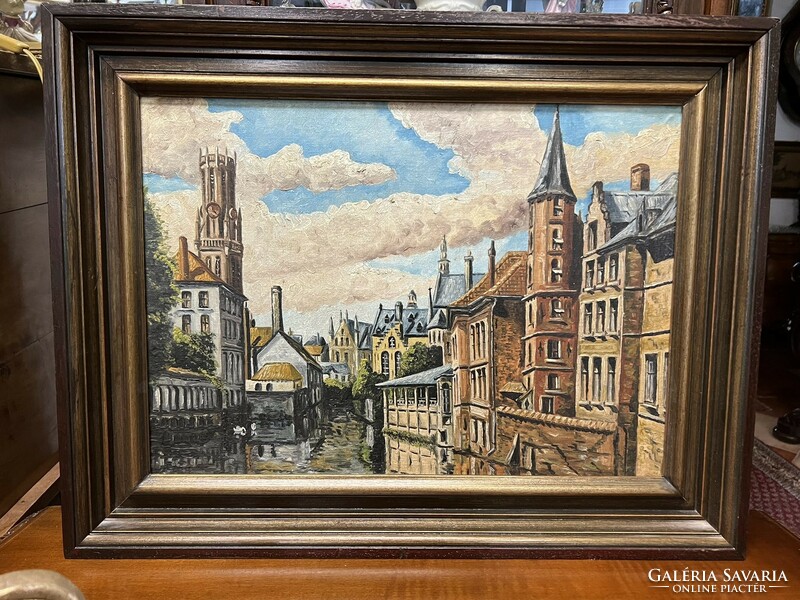 Bruges cityscape - framed, Flemish oil painting