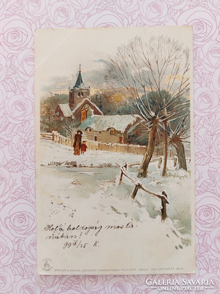 Old postcard 1899 postcard snowy landscape church golden sun motif