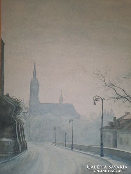 Lajos Psik: Buda castle district (street detail), original marked watercolor, 1943