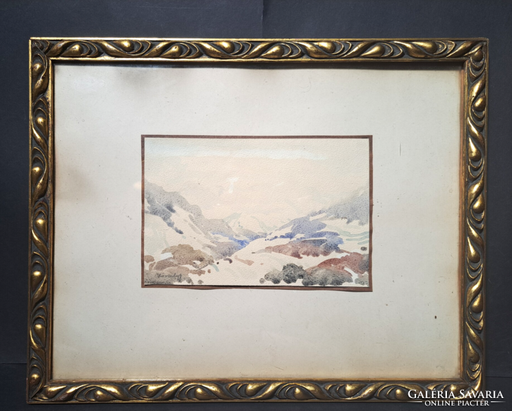 Kövesdy Géza (1887-1950): Havas dombok - akvarell (mérete kerettel 37x30 cm