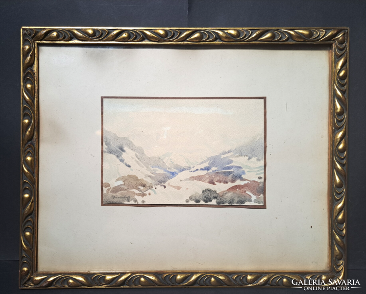 Géza Kövesdy (1887-1950): snowy hills - watercolor (size with frame 37x30 cm