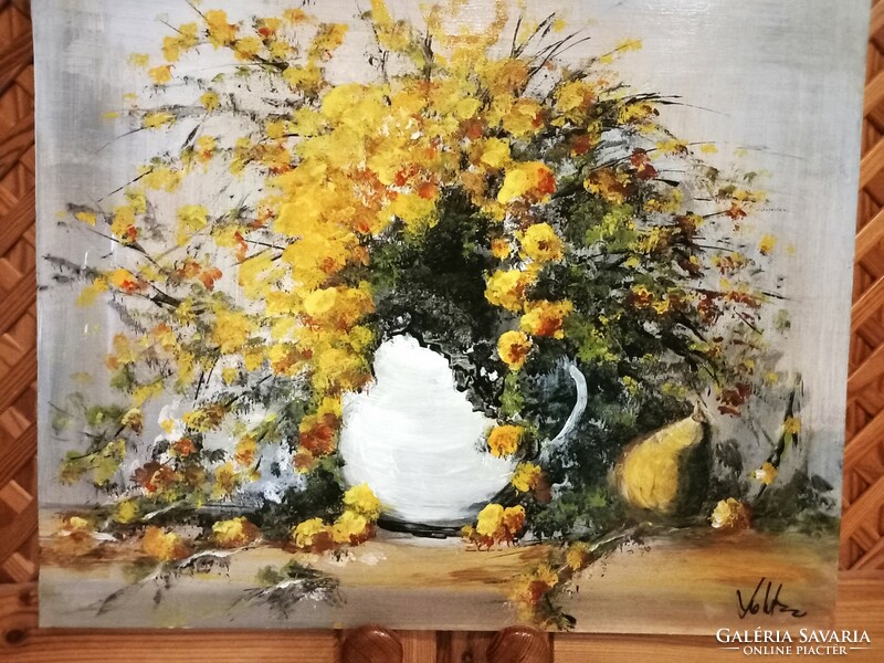 "RAGYOGÓ-SÁRGA"virágcsendélet"festmény farostlemezen 40 x 50 cm