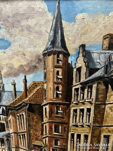 Brugge városrészlet - keretezett, flamand olajfestmény
