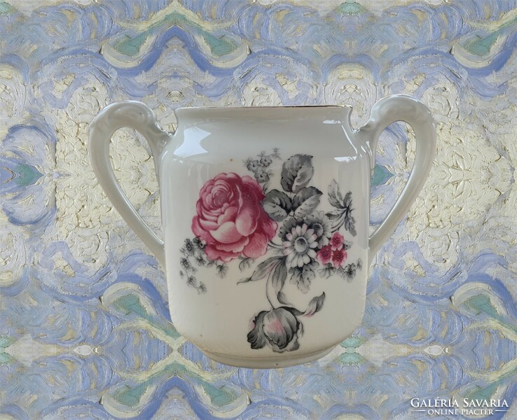 Antik rózsás kétfülű tartó, váza dekorációnak alján hajszálrepedéssel