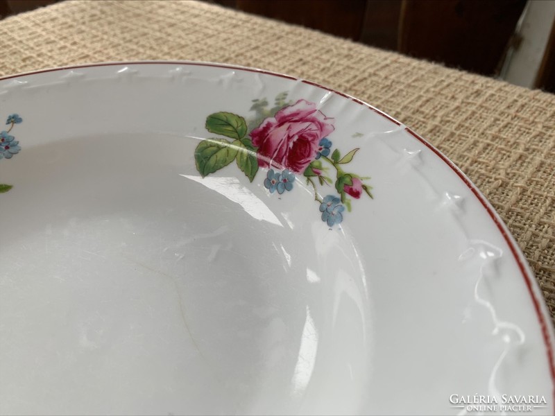 Antik rózsa-nefelejts tányér, rózsás mélytányér hajszálrepedéssel