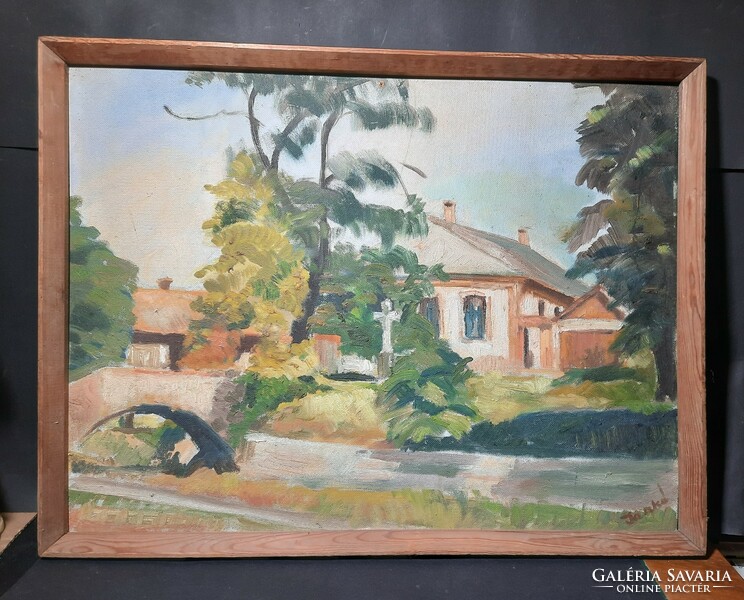 With Jankó sign: Balaton monument (rural cottage, landscape with a stream), olive grove