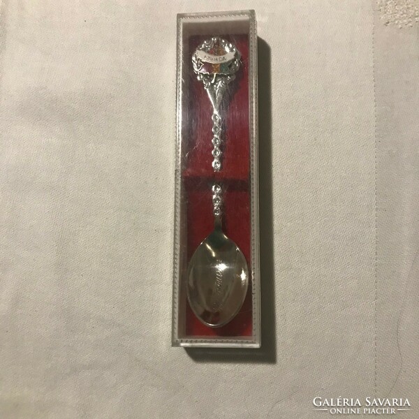 Silver-plated small spoon, souvenir, with Canada inscription, enamel decoration. New, in original box.