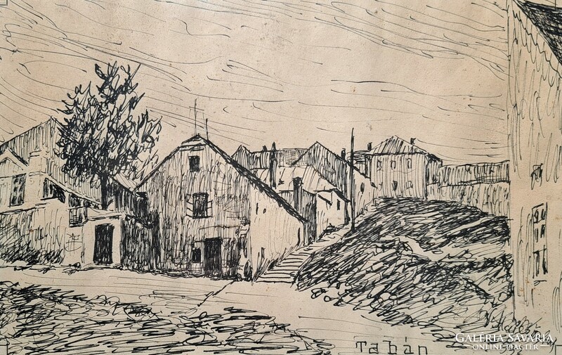 Róbert V. Májerszky: tabán - pen drawing (30x21.5 cm) - cityscape from the 1930s, street view