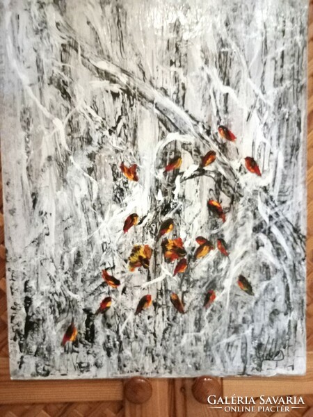 "Téli madárkák"festmény farostlemezen 40 x 54 cm