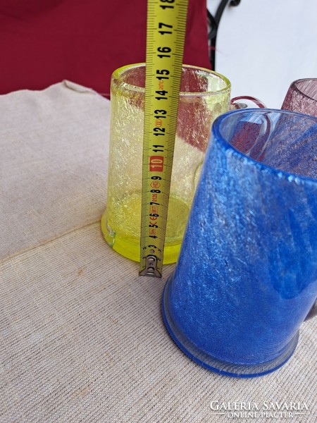 Sárga kék  lila  13.5 cm-es repesztett Fátyolüveg fátyol karcagi berekfürdői üveg korsó korsók