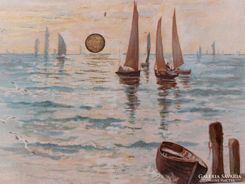 Régi képeslap 1899 levelezőlap tenger hajó arany Nap motívum