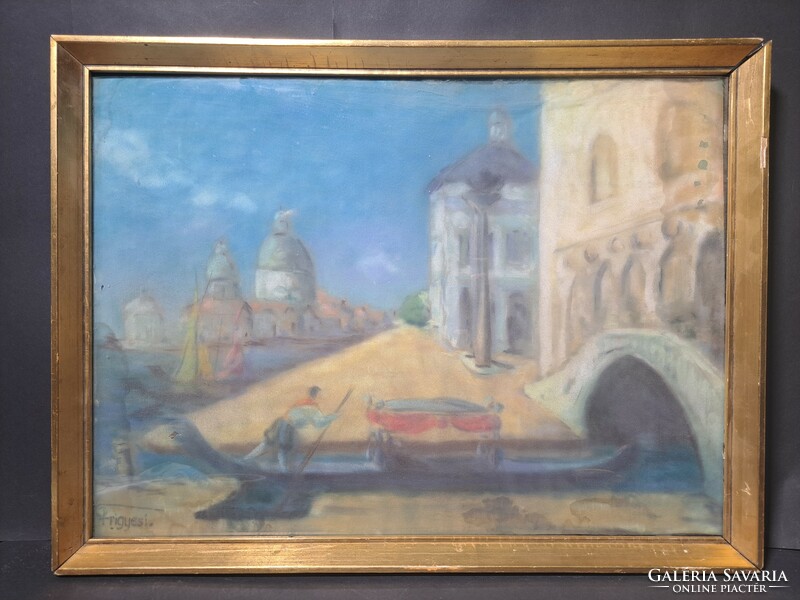 Venetian scene, pastel (size with frame 40x54 cm) gondola - with Frigyesi mark