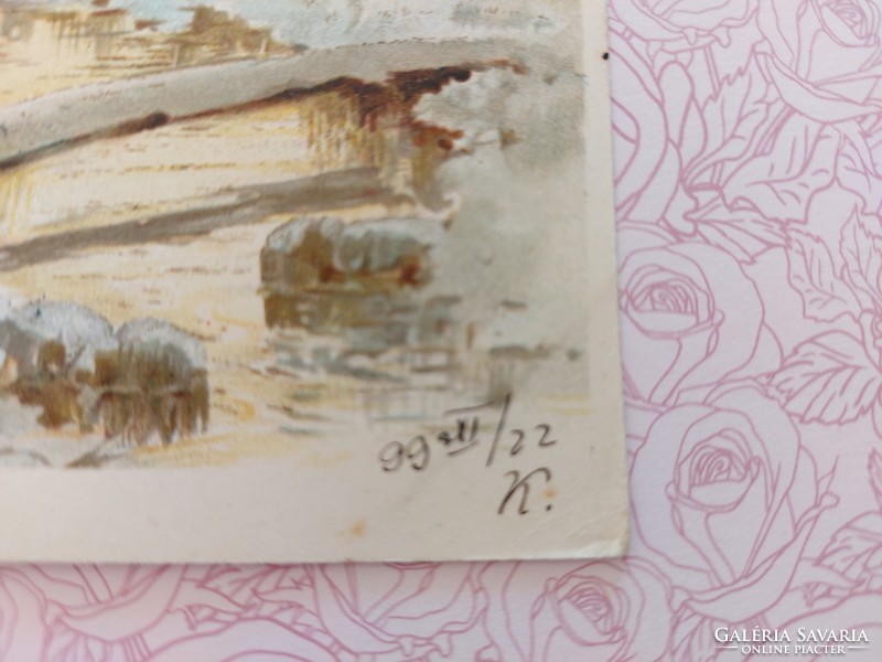 Old postcard 1899 postcard watermill snowy landscape golden sun motif