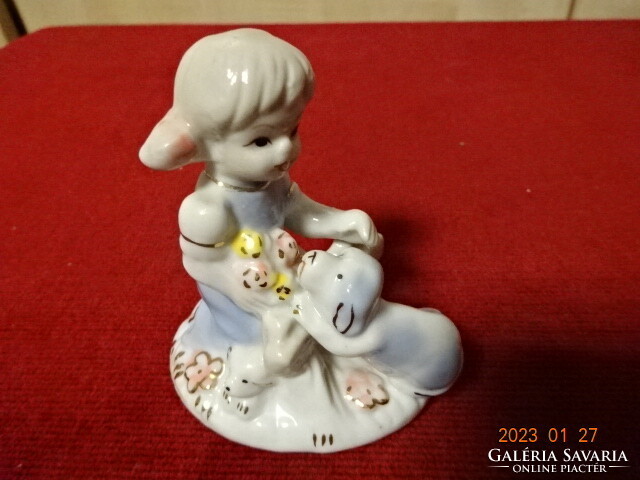 Német porcelán figura, kislány a kutyájával, magassága 7,8 cm. Vanneki! Jókai.