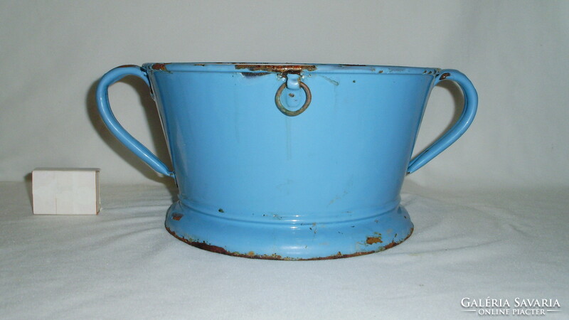Old, pale blue enamel, filter bowl with handles - folk, peasant decoration