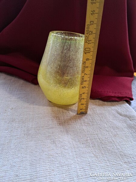 Retro sárga  váza repesztett Gyönyörű  Fátyolüveg fátyol karcagi berekfürdői üveg