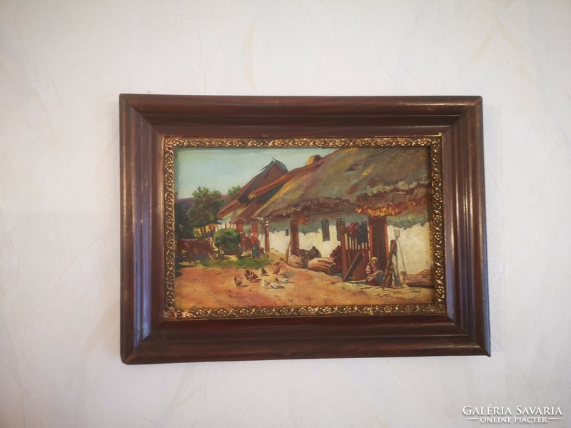 Antique landscape painting, village farm landscape, hens, cows, ladies, Harencz, Gutaházi, etc. style